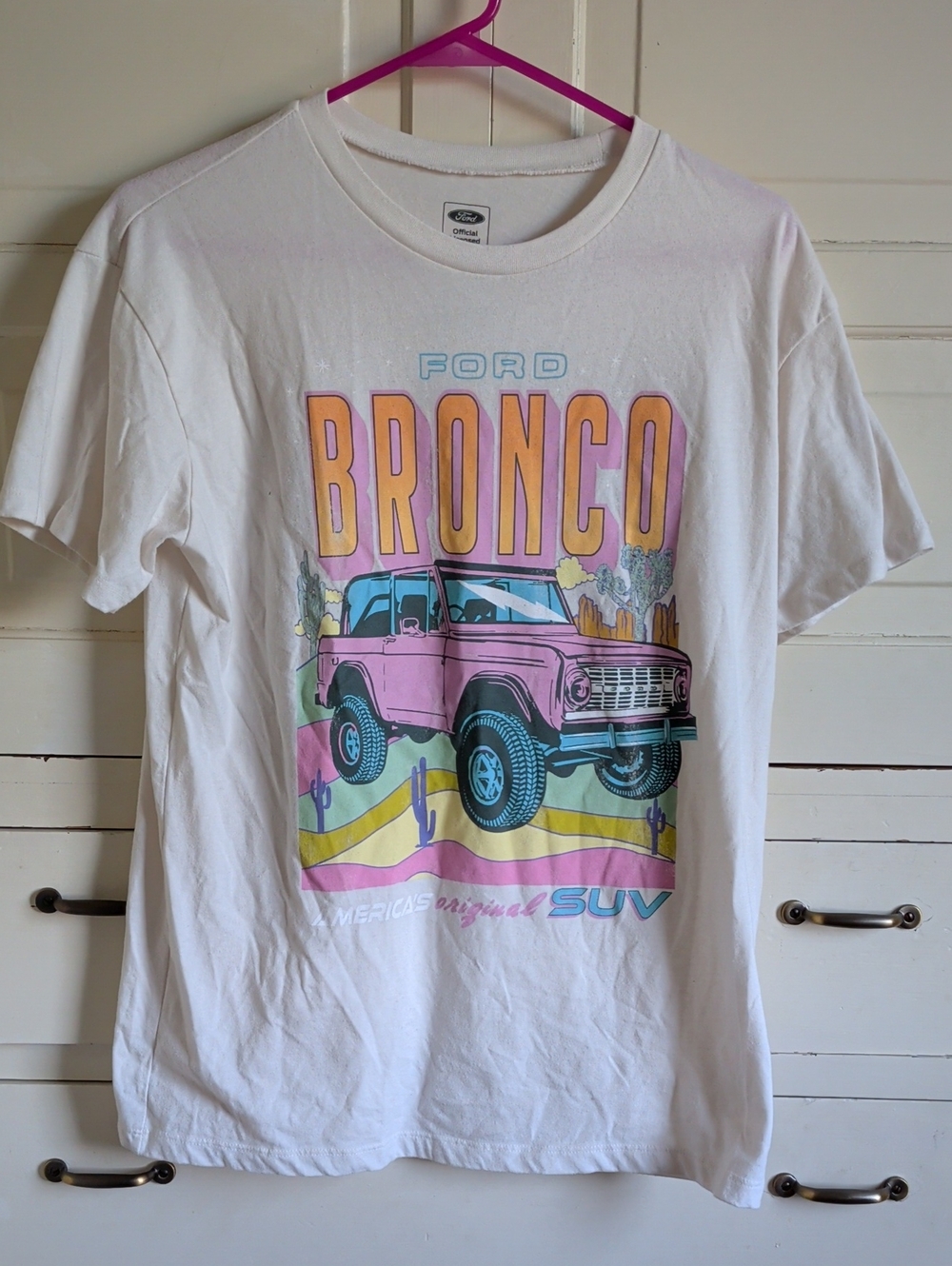 Ford White Tee with Pink Bronco and Yellow Desert Accents